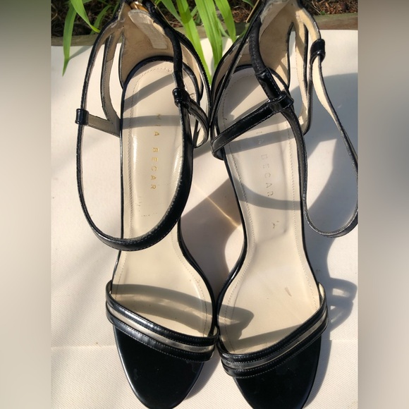 Mia Becar Leather Black Gold Heel back zipper High Heels open toe 38.5 US 8.5 - Picture 9 of 13